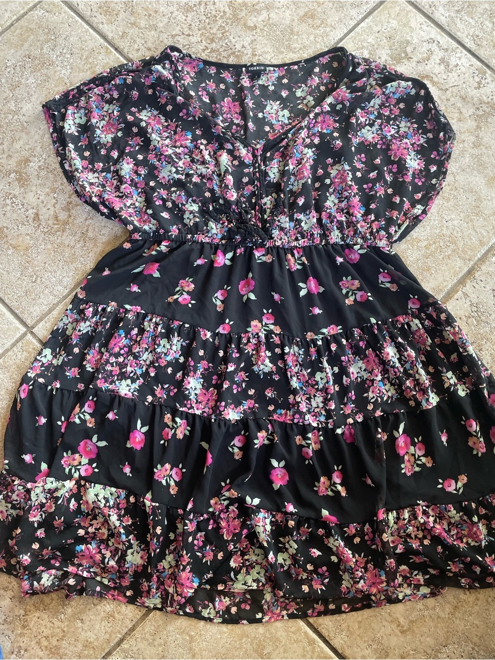 torrid Black Floral Tiered Dress with Pink & Mint Accents